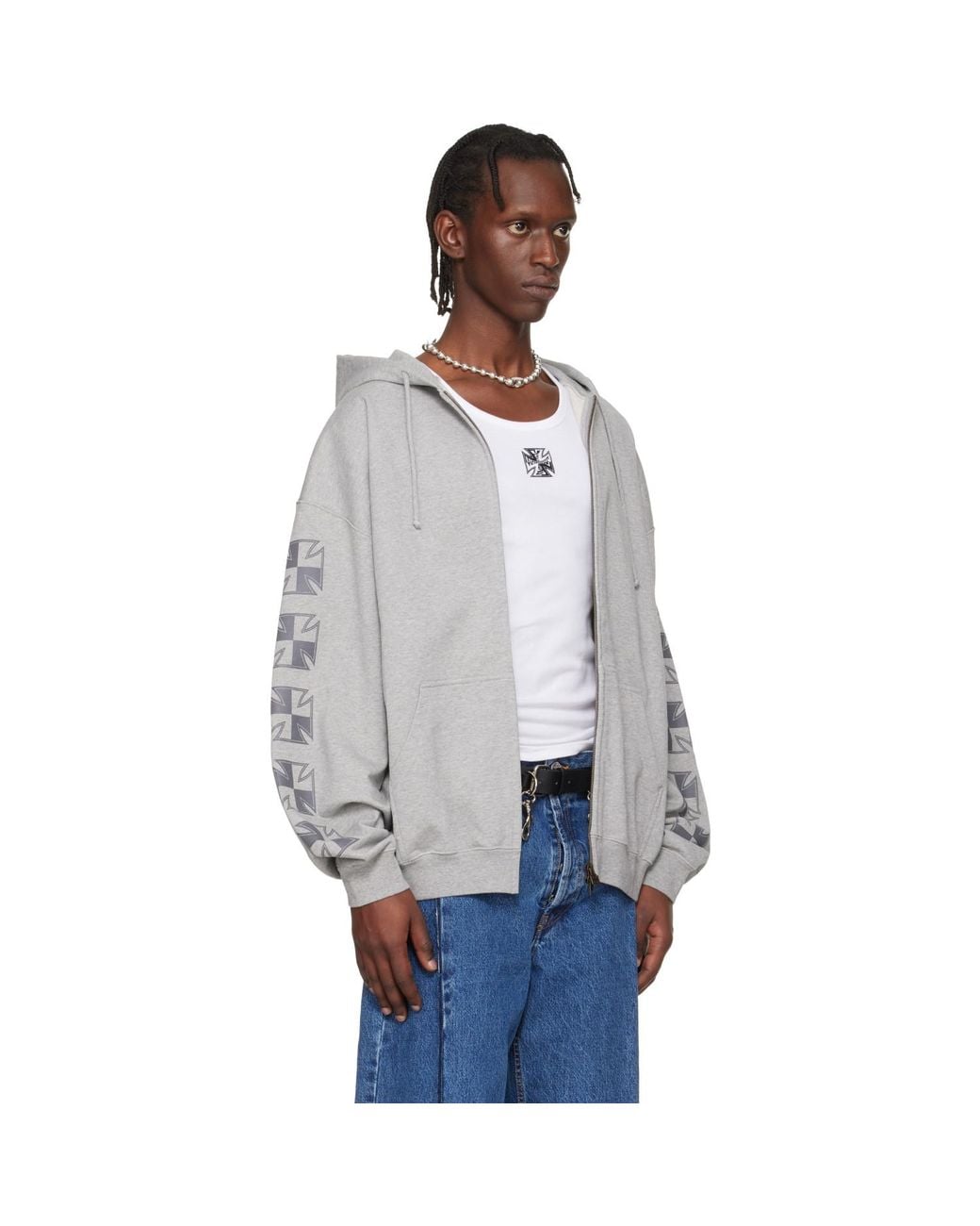 Vetements Gray Biker Cross Sleeves Zip-Up Hoodie for men