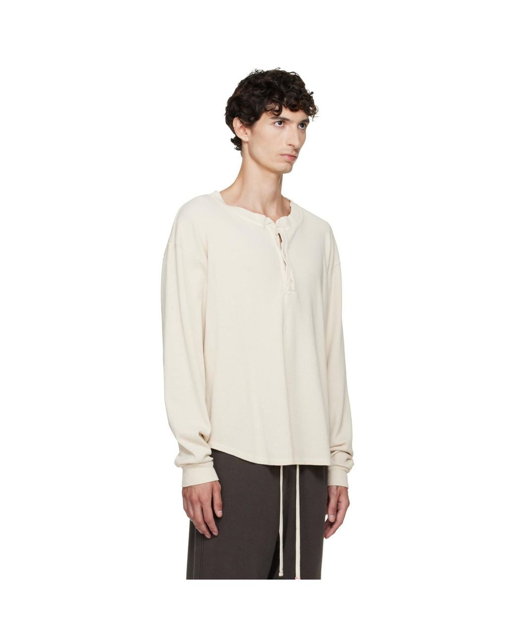 Les Tien White Off- Thermal Baseball Hem Henley for men