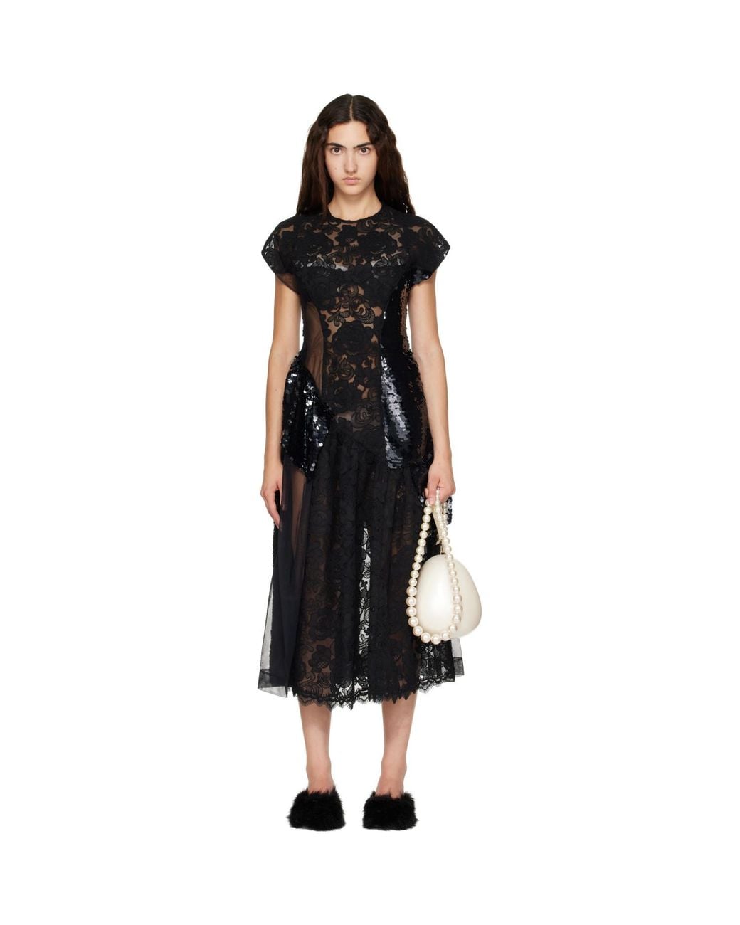 Simone Rocha Black Patchwork Cap Sleeve Ruffle Detail Midi Dress