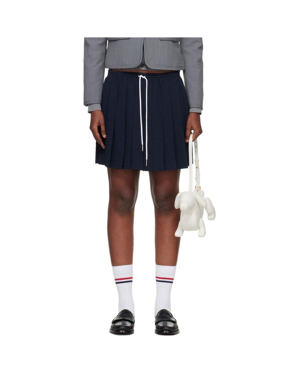 Thom Browne Blue Wool Seersucker Drawstring Pleated Miniskirt