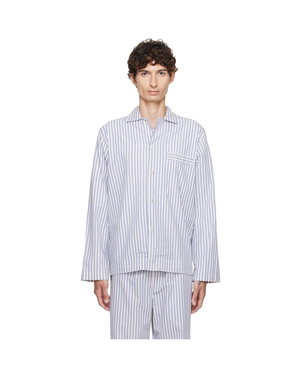 Tekla Blue Poplin Long-Sleeved Pyjama Shirt for men