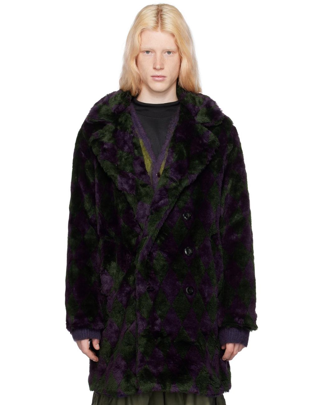Needles - Pea Coat - Acrylic Fur / Argyle - Green/Purple