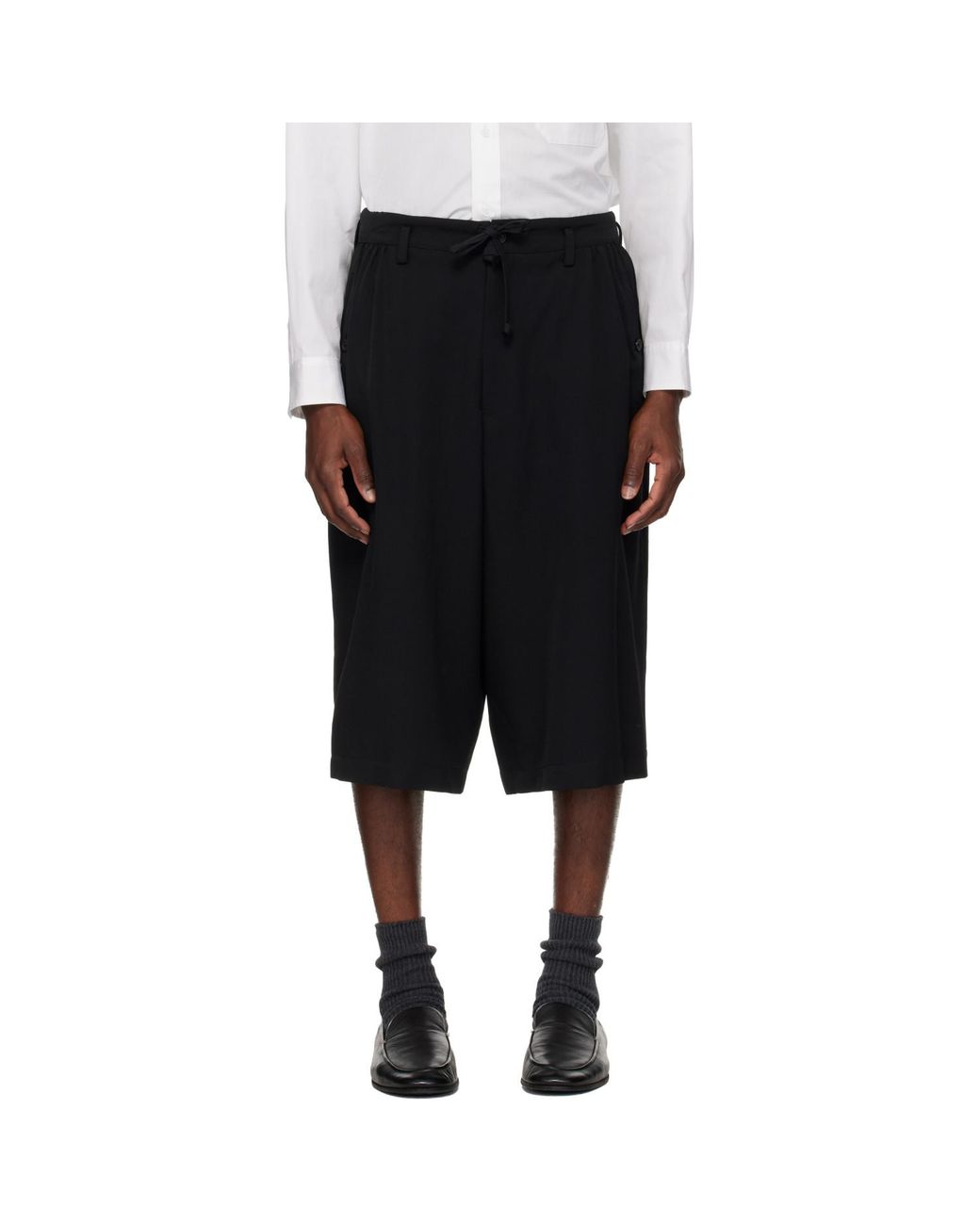 Yohji Yamamoto Black Wool Gabardine Gather Shorts for men