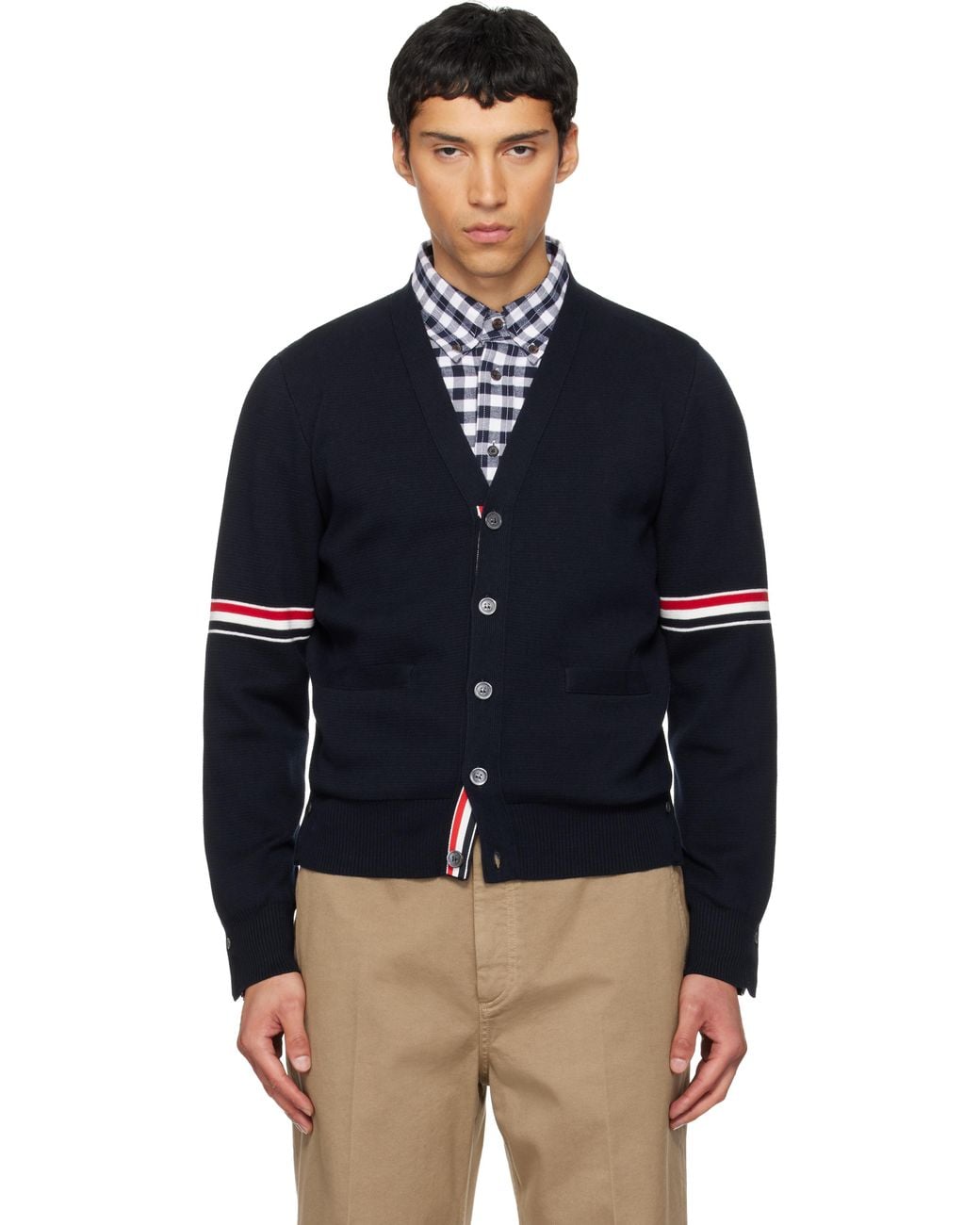 Thom Browne Blue Cotton Milano Stitch V-Neck Cardigan for men
