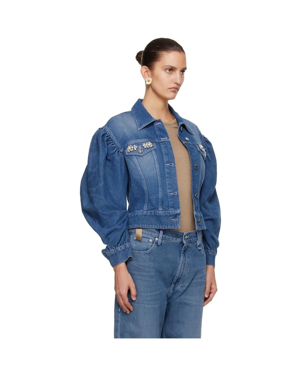 Simone Rocha Blue Embellished Sculpted Draped Sleeve Denim Jacket