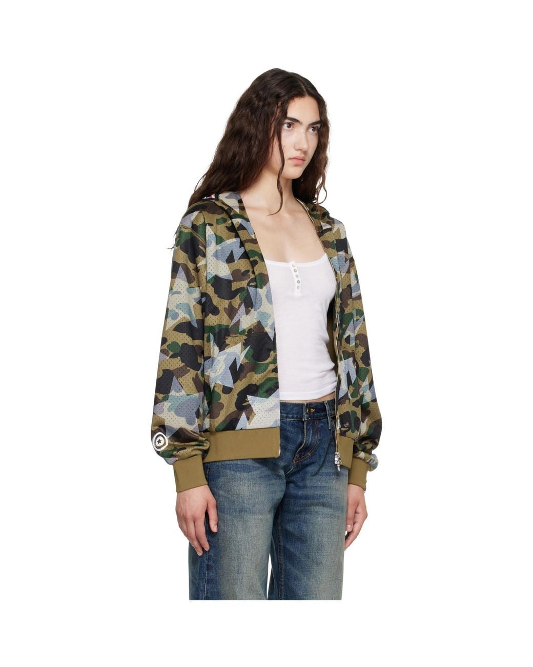 A Bathing Ape Green Camo Mesh Shark Cropped Fit Full Zip Hoodie