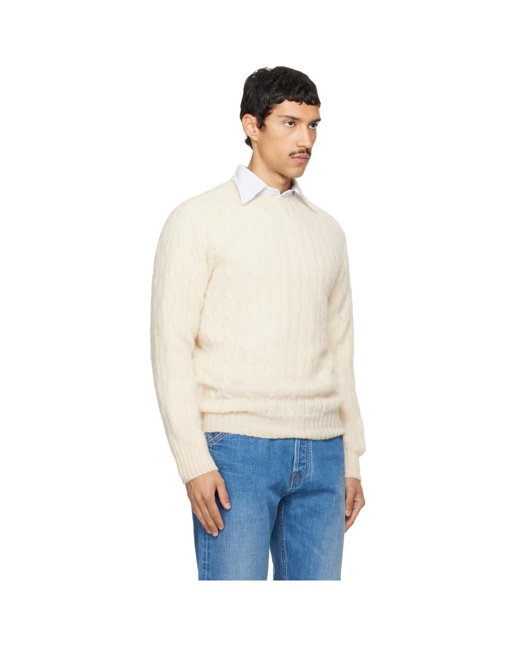 Drake's White Off- Brushed Shetland Cable Knit Sweater for men
