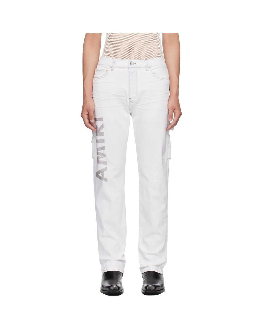 Amiri White Army Logo Painted Slim Workman Jeans for men