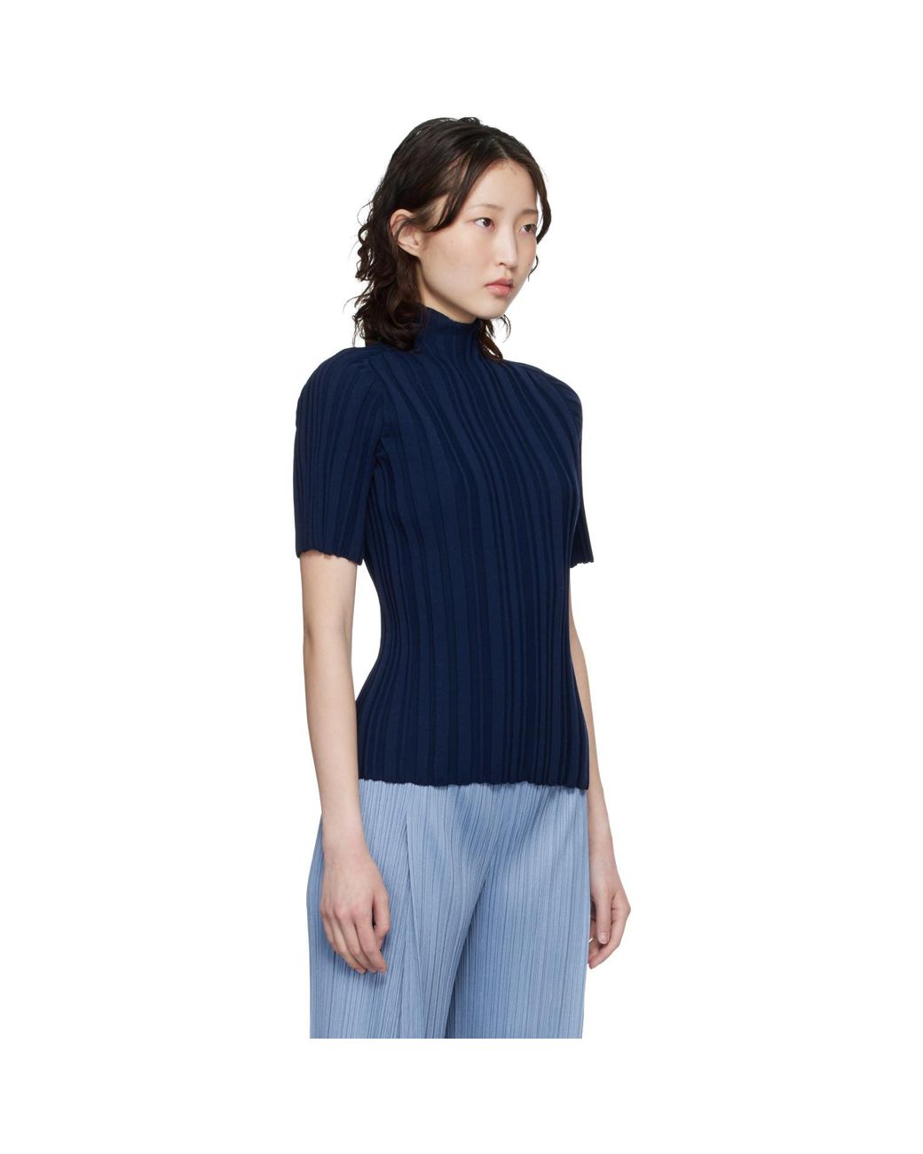 Pleats Please Issey Miyake Blue Rib Knit Turtleneck