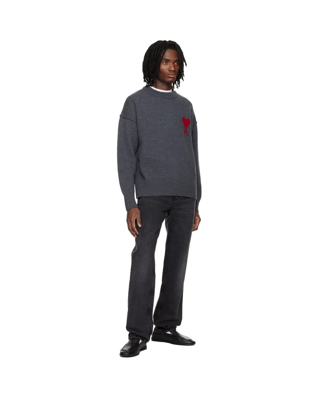 AMI Black Wool Contrasted Ami De Coeur Crewneck Sweater for men