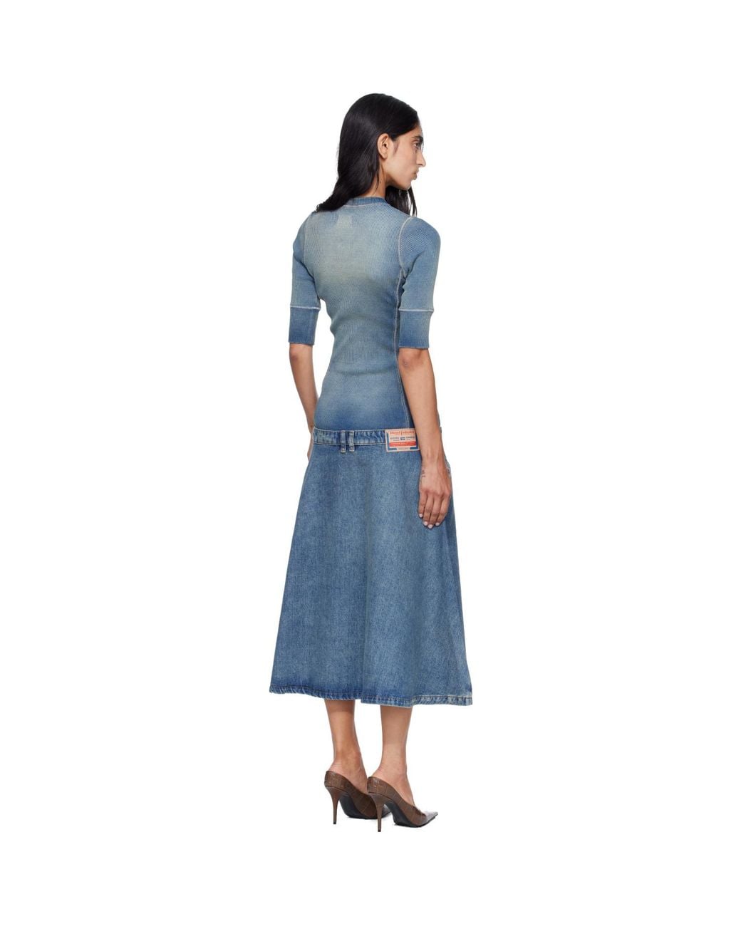 DIESEL Blue Drop-Waist Knit & Denim Midi Dress