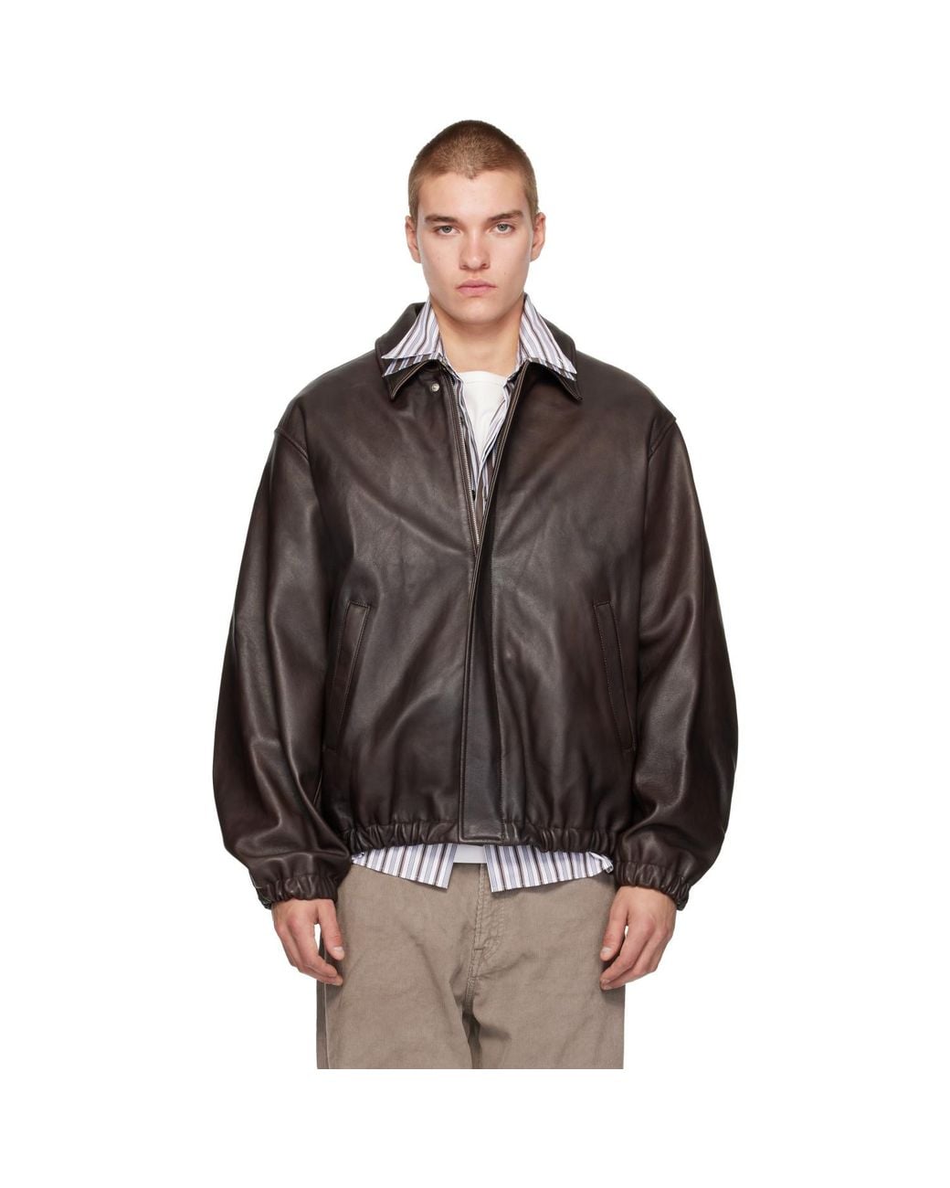 Ssstein Brown Sheep Leather Zip Short Jacket for men