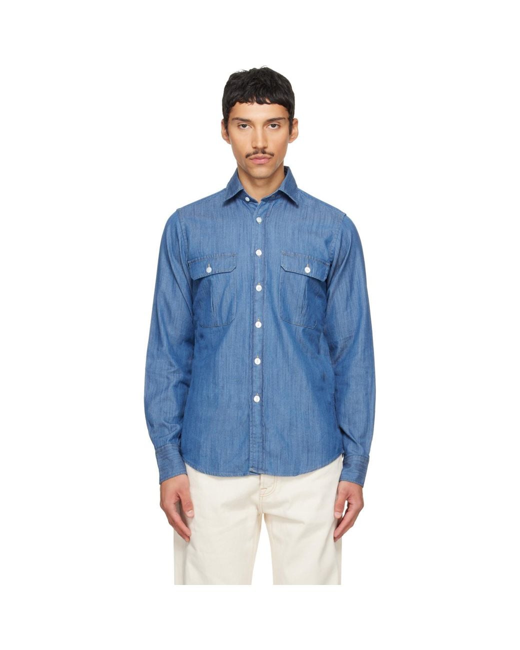 Drake's Blue Cotton Two-Pocket Work Denim Shirt for men