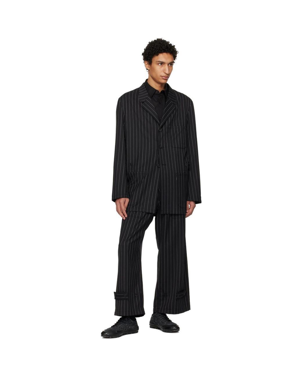 Y-3 Black Pinstripe Refined Wool Wide Leg Trousers for men