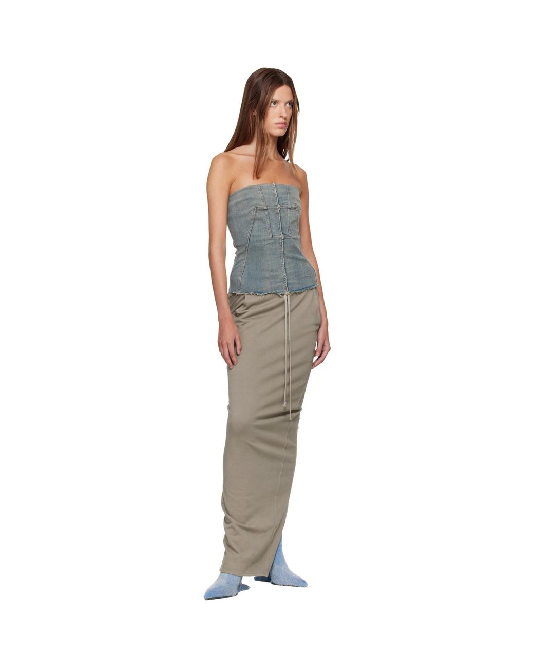 Rick Owens Blue Tower Splintered Denim Bustier Top