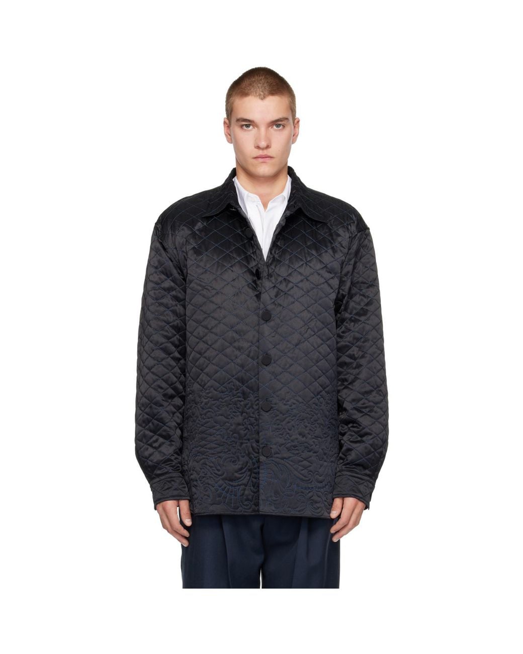 Dries Van Noten Blue Ssense Exclusive Quilted Silk Jacket for men