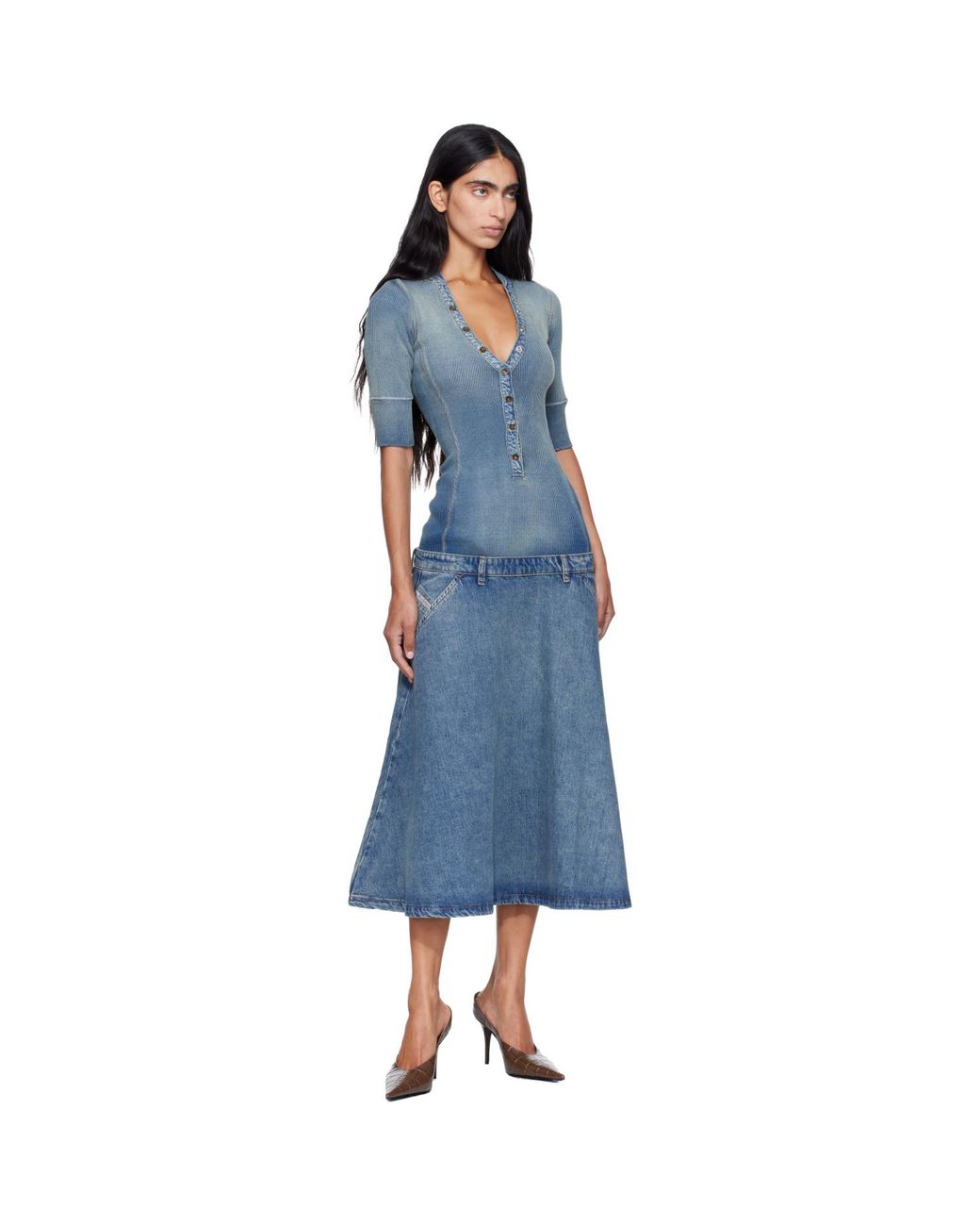 DIESEL Blue Drop-Waist Knit & Denim Midi Dress