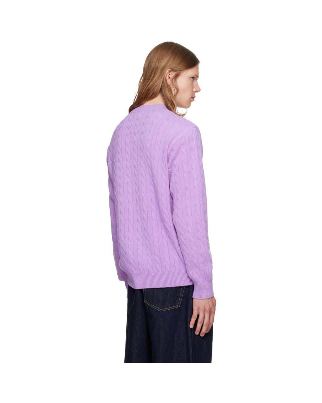 vowels Purple Cable Knit Crewneck Sweater for men