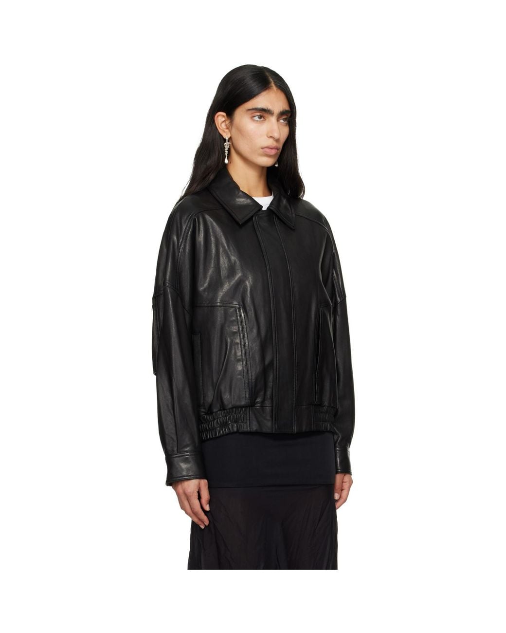 Nour Hammour Black Dalma Leather Bomber Jacket