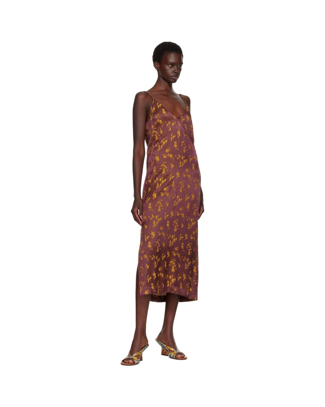 Dries Van Noten Brown Burgundy Jacquard Midi Dress