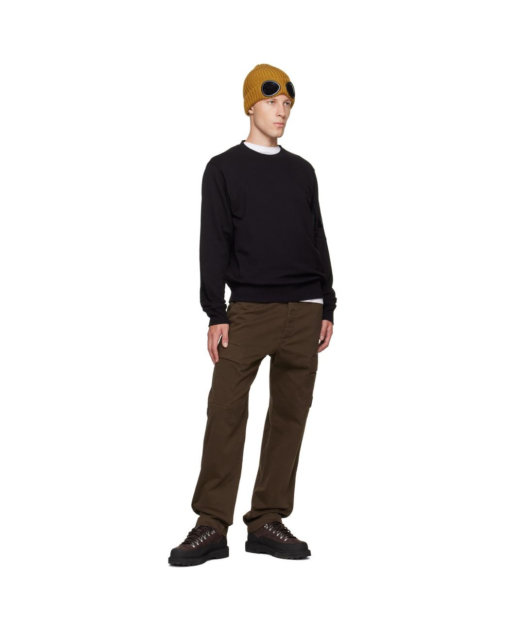 C P Company Black Diagonal Raised Fleece Crewneck Lens Sweatshirt for men