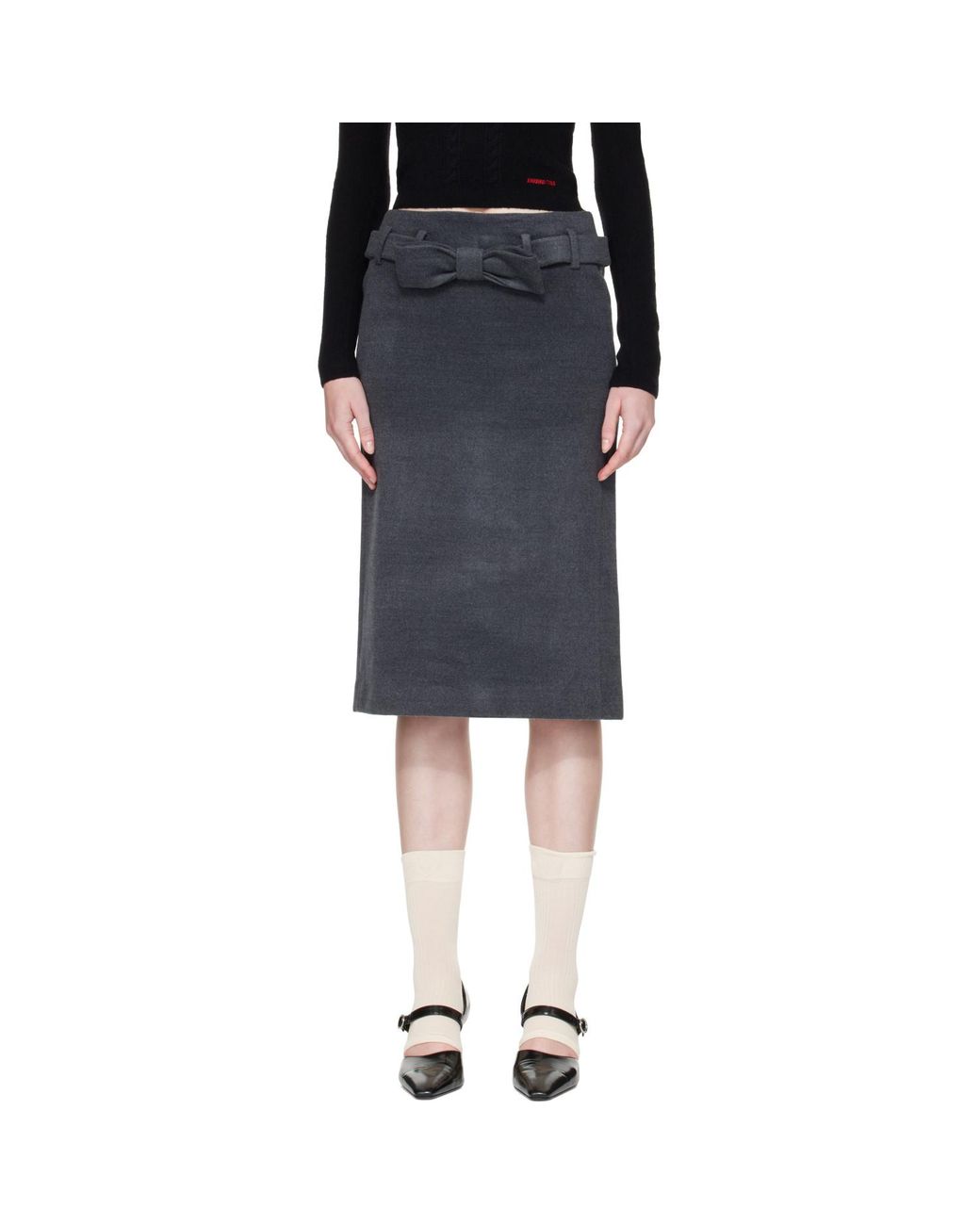 ShuShu/Tong Black Bow Trimmed Straight Midi Skirt