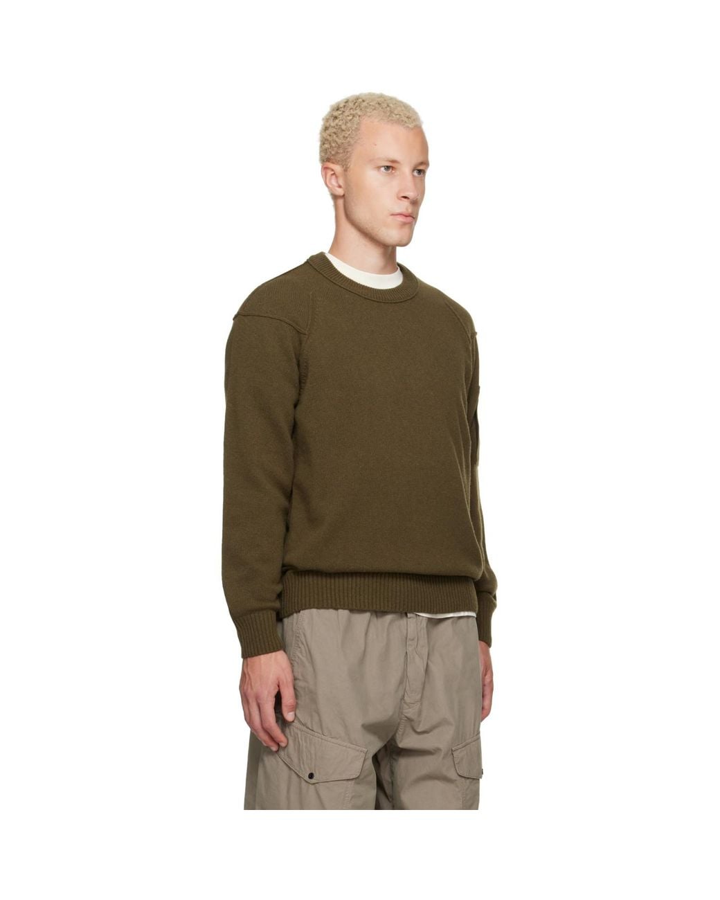 C P Company Green Khaki Lambswool Lens Crewneck Contrast Sweater for men