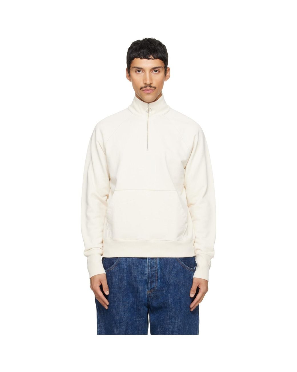 Drake's White Cotton Quarter Zip Sweatshirt for men