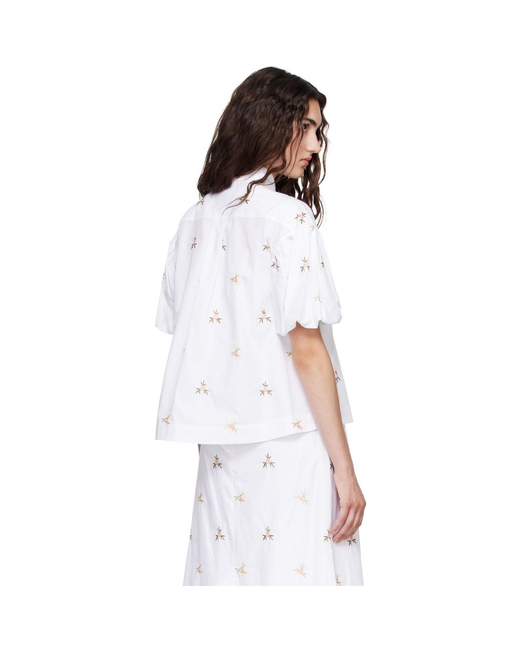 Simone Rocha White Cropped Rosebud Puff Sleeve Lace Trim Shirt