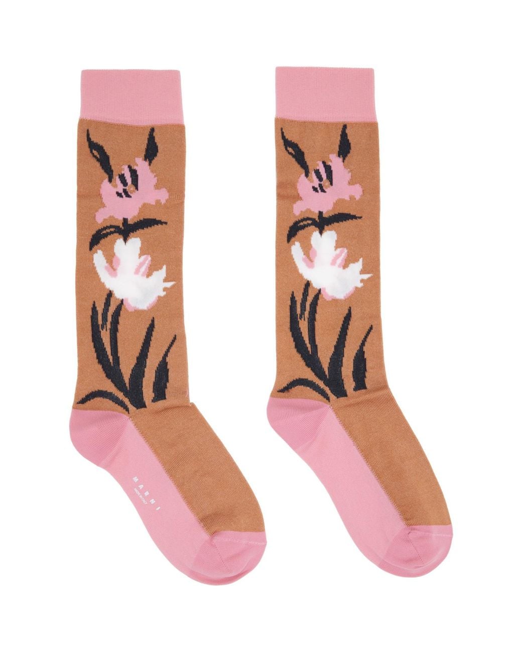 Marni Pink Tan & Intarsia Flower Mid-Calf Socks