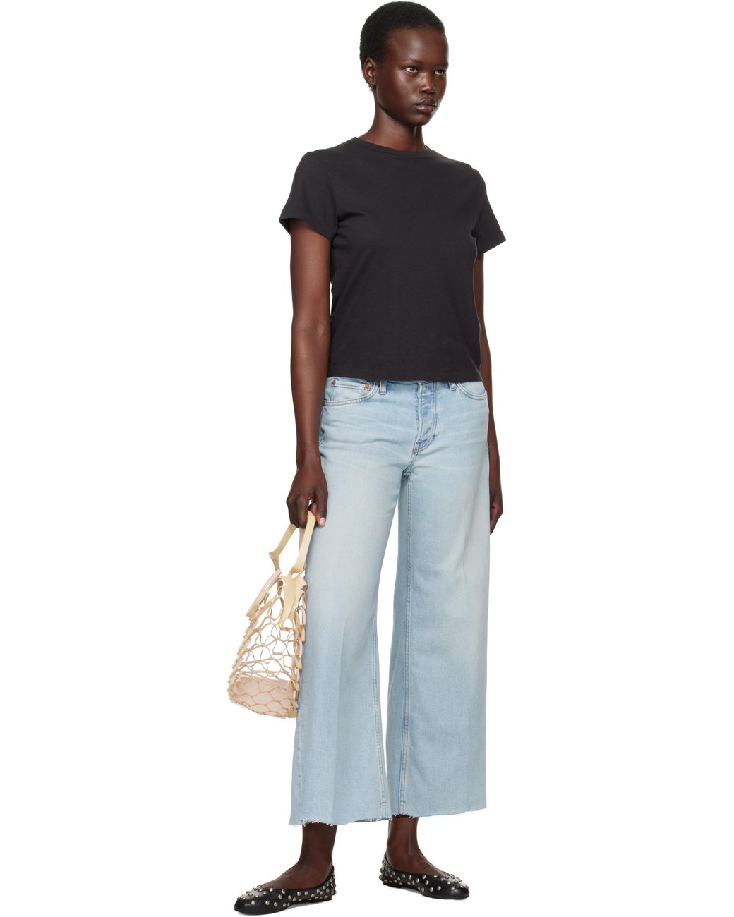 Re/done Blue Comfort Stretch Mid Rise Wide Leg Crop Jeans