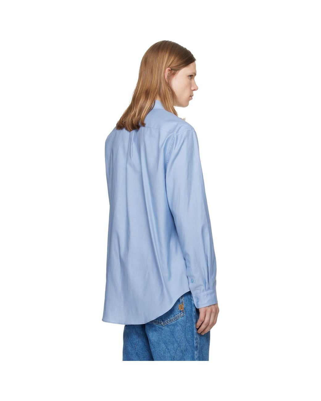 Balmain Blue Herringbone Poplin Regular Shirt for men