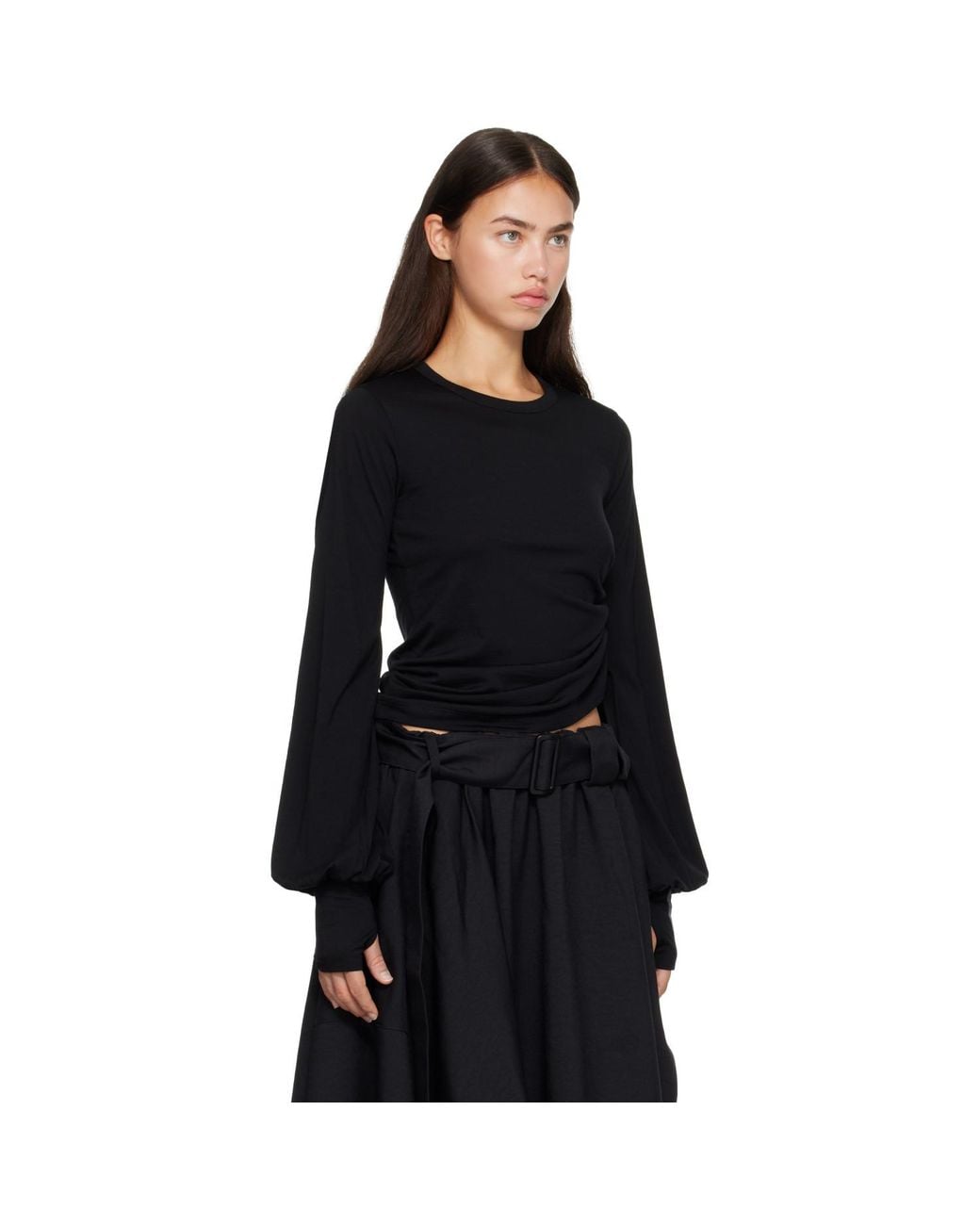 Y-3 Black Wool Cinched Drape Long Sleeve T-Shirt