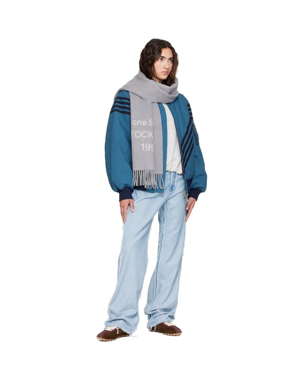 Acne Gray Fringed Logo Scarf for men
