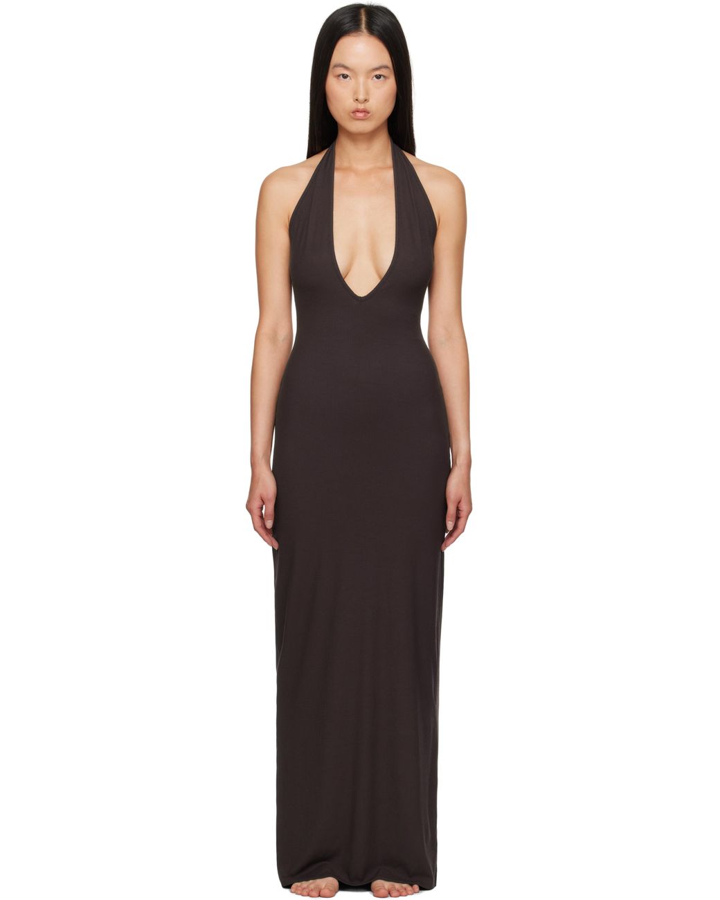 Skims Soft Lounge Deep Plunge Halter Maxi Dress in Black | Lyst