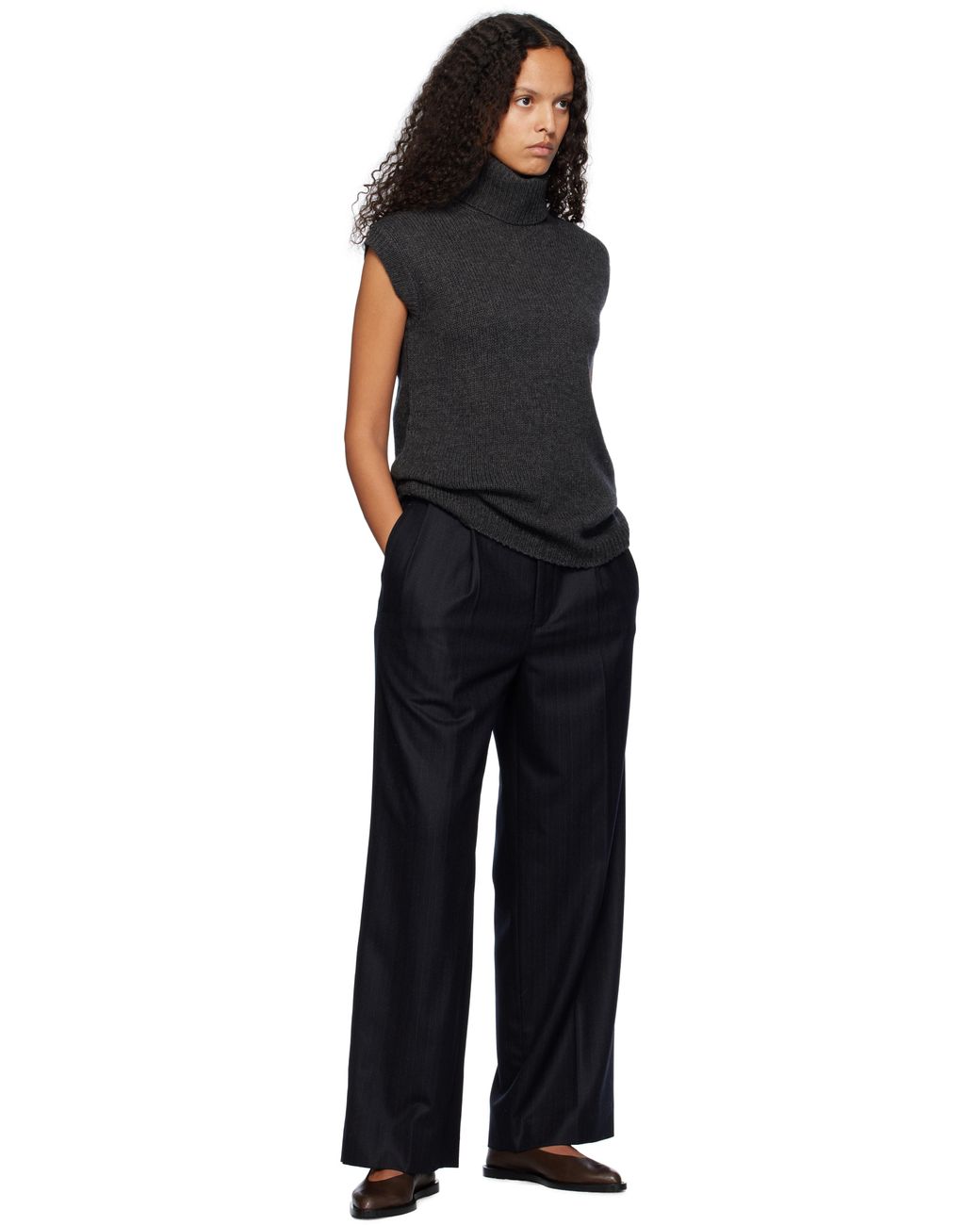 AURALEE WOOL FULLING FLANNEL STRIPE SLACKS TOP DARK NAVY
