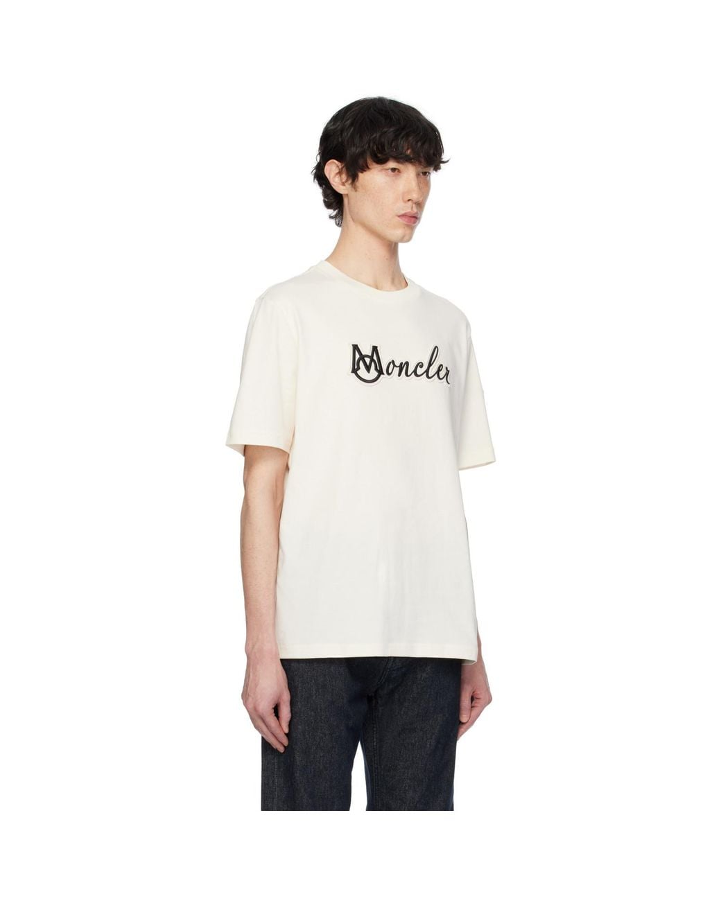Moncler White Off- Embroidered Varsity Logo Cotton T-Shirt for men