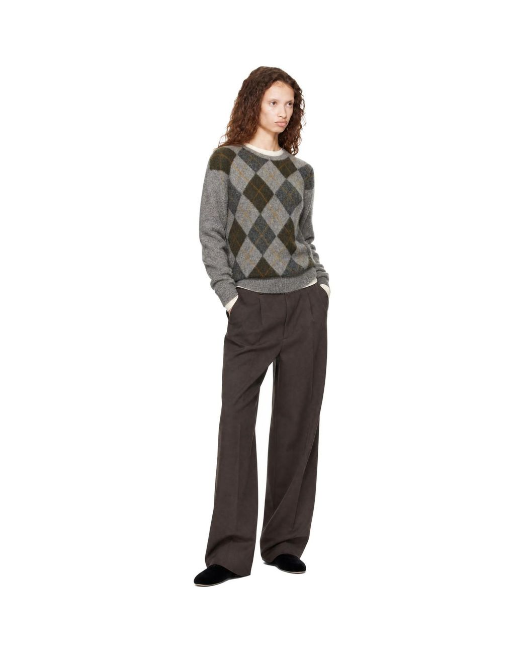 Ssstein Gray Fine Wool Argyle Knit Crew Neck Sweater