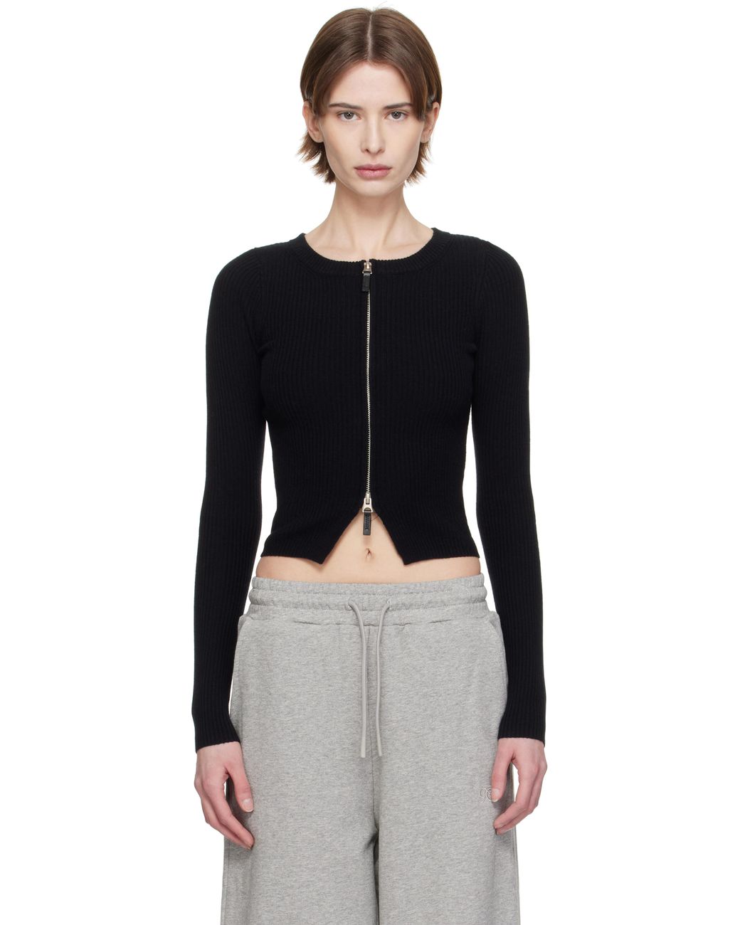 Fax Copy Express Tight Ribbed-Knit Zip Sweater in Black | Lyst 