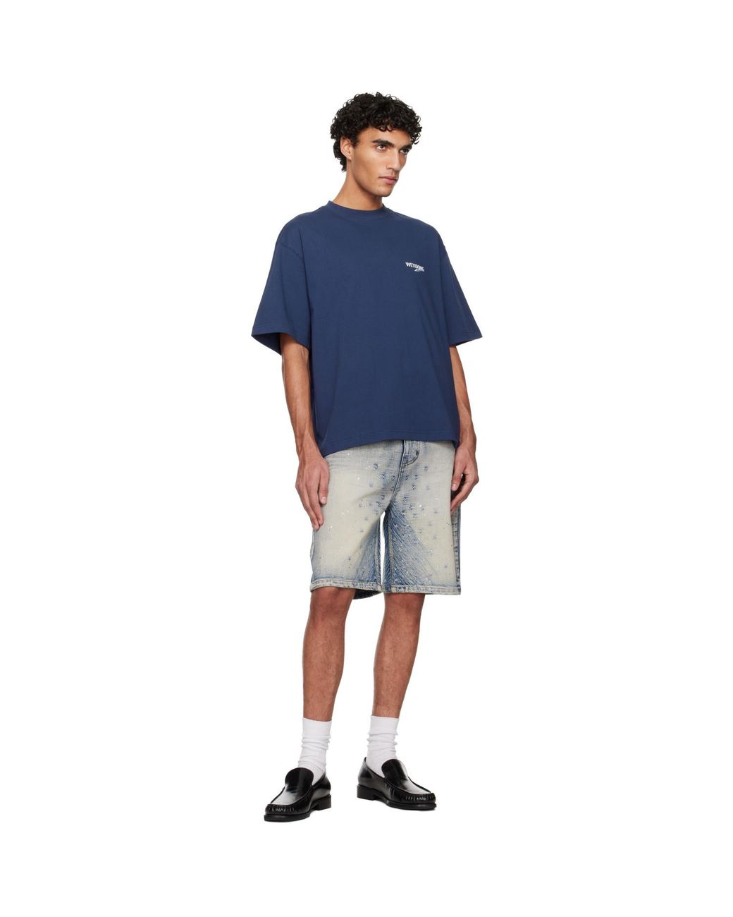 we11done Blue Embroidery Washed Denim Shorts for men