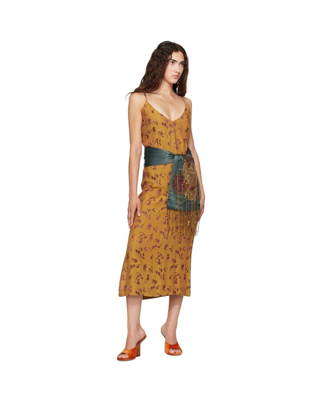 Dries Van Noten Green Khaki Silk Scarf