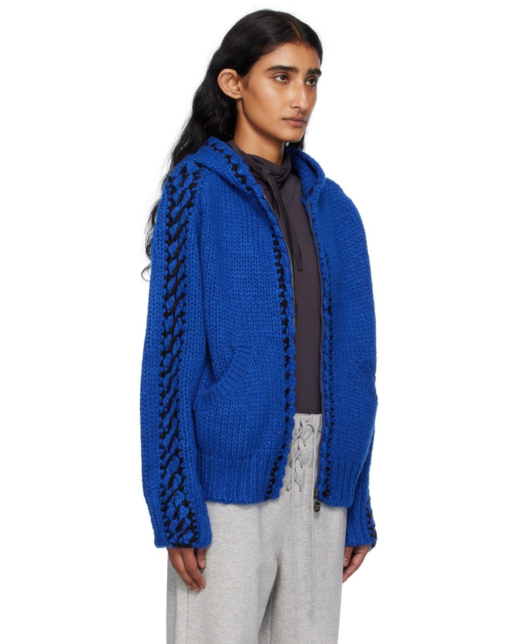 OPEN YY Blue Stitch Zip Up Knit Hoodie