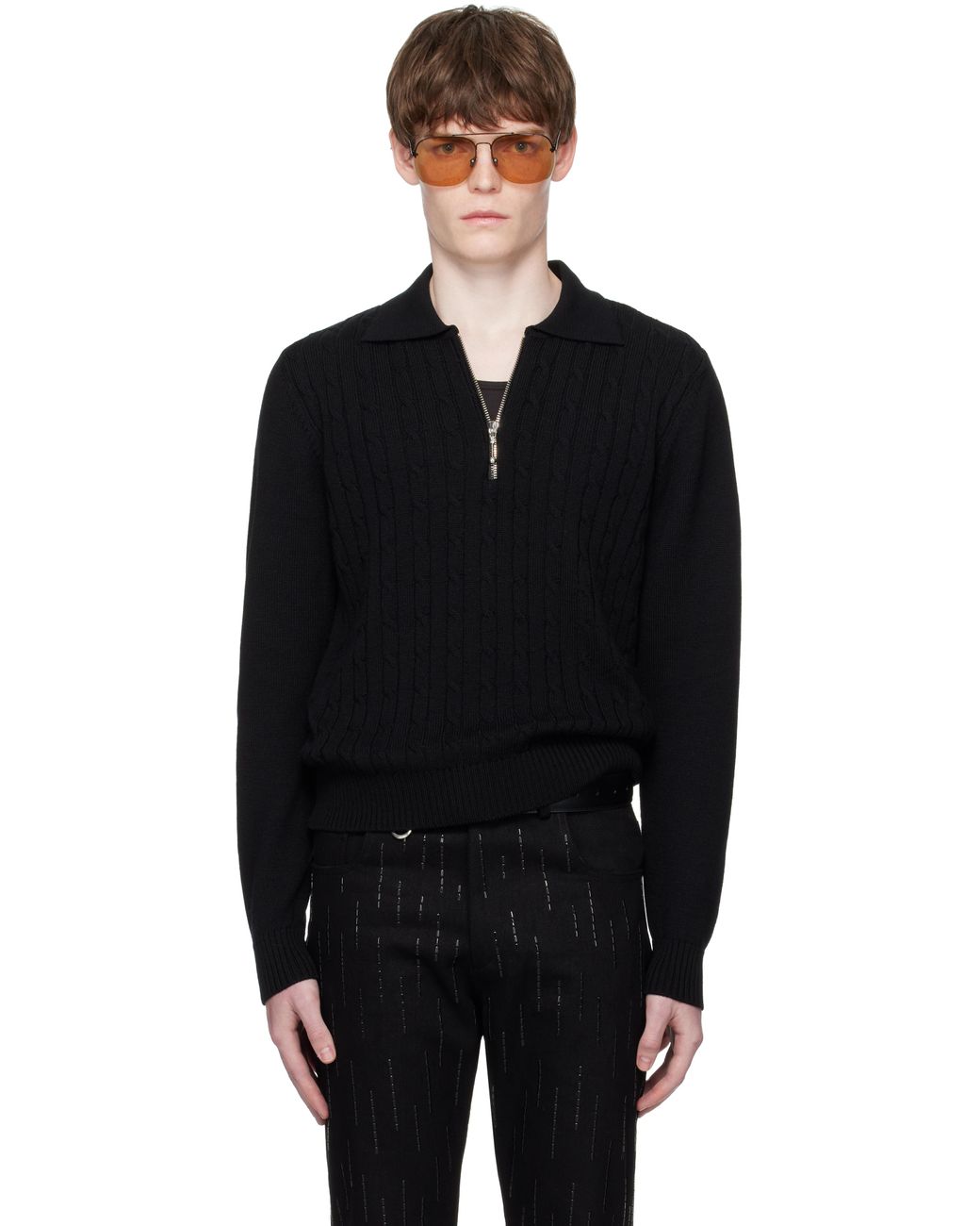 Ernest W. Baker Cable Knit Zip Polo in Black for Men | Lyst