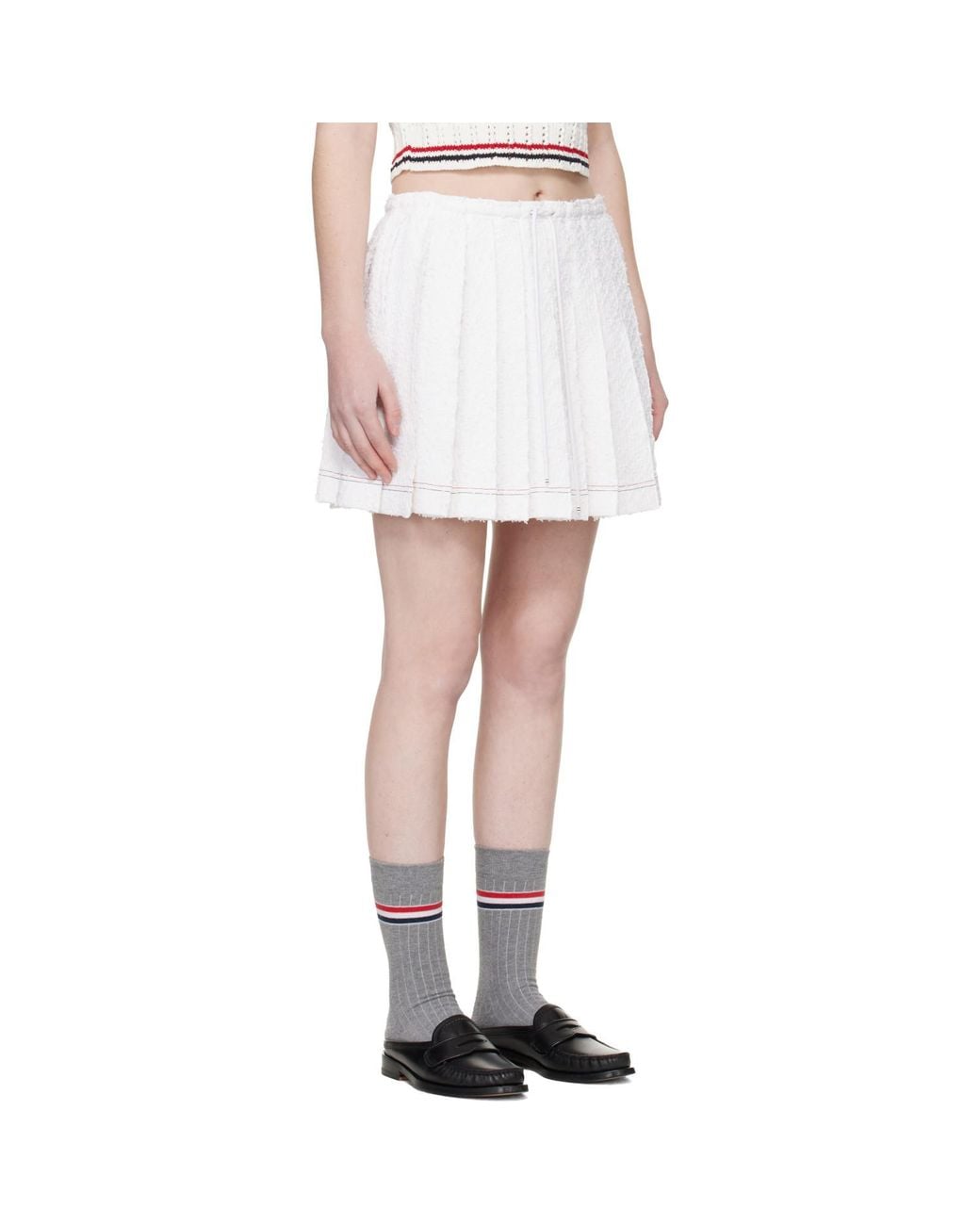 Thom Browne White Eyelash Tweed Drawstring Pleated Miniskirt