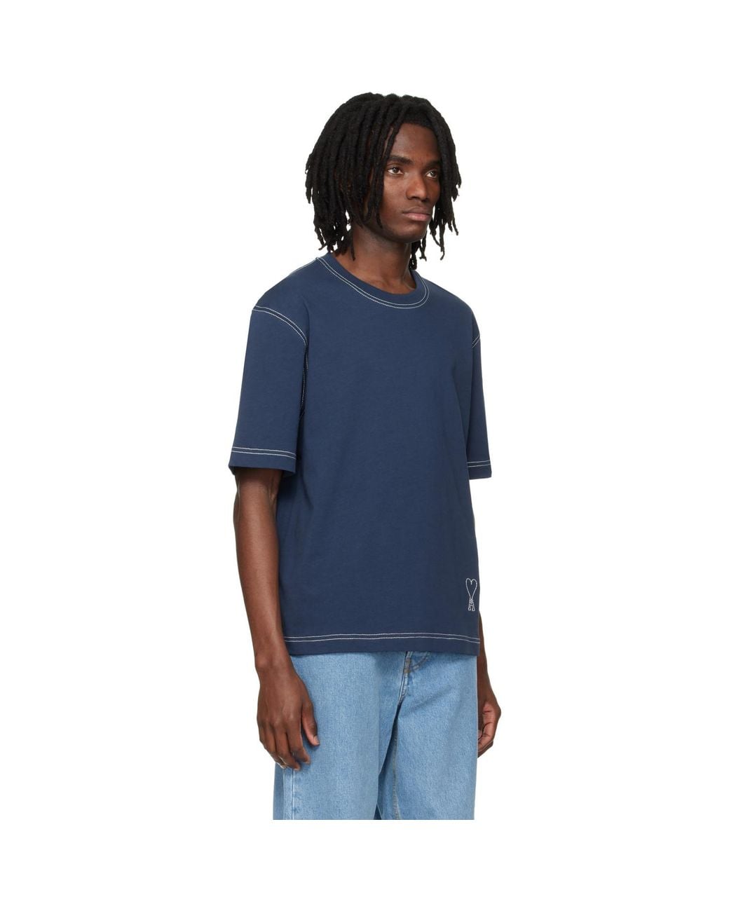 Ami Paris Boxy Fit Topstitched Ami De Coeur T-Shirt in Blue for