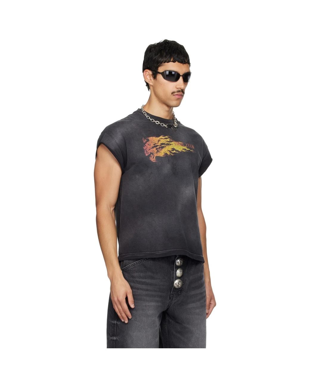 THUG CLUB Black Burnshot Slit Sleeve T-Shirt for men