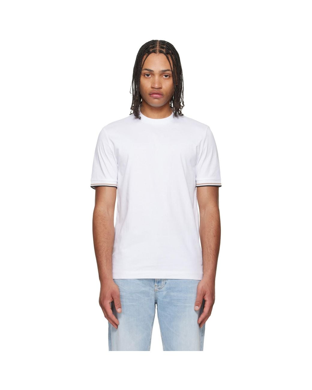 Boss White Cotton-Jersey Signature-Stripe Cuffs T-Shirt for men