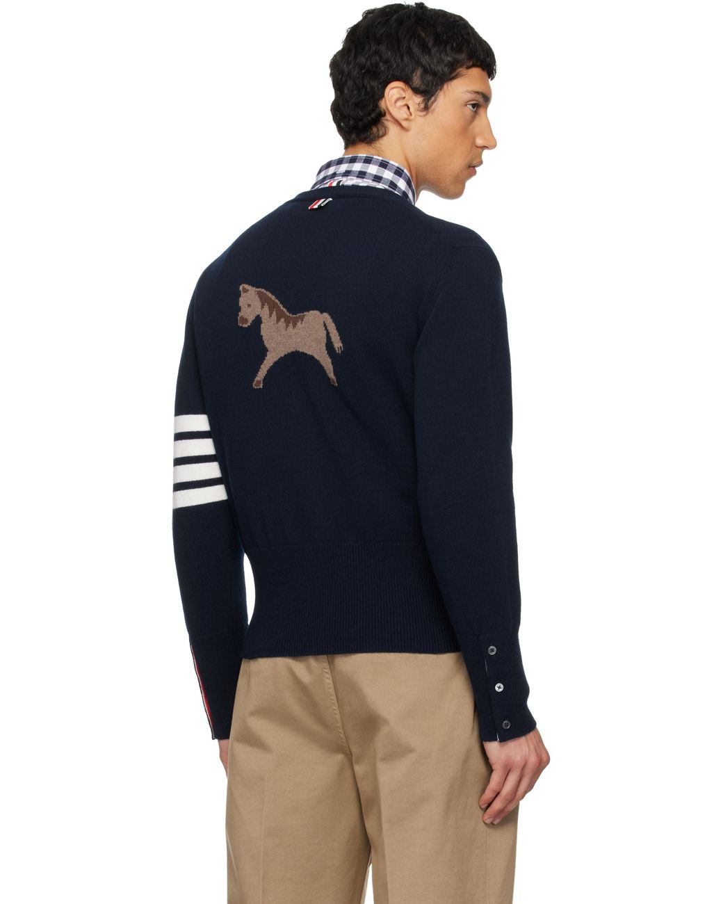 Thom Browne Blue Intarsia Horse Merino Wool 4-Bar Cardigan for men