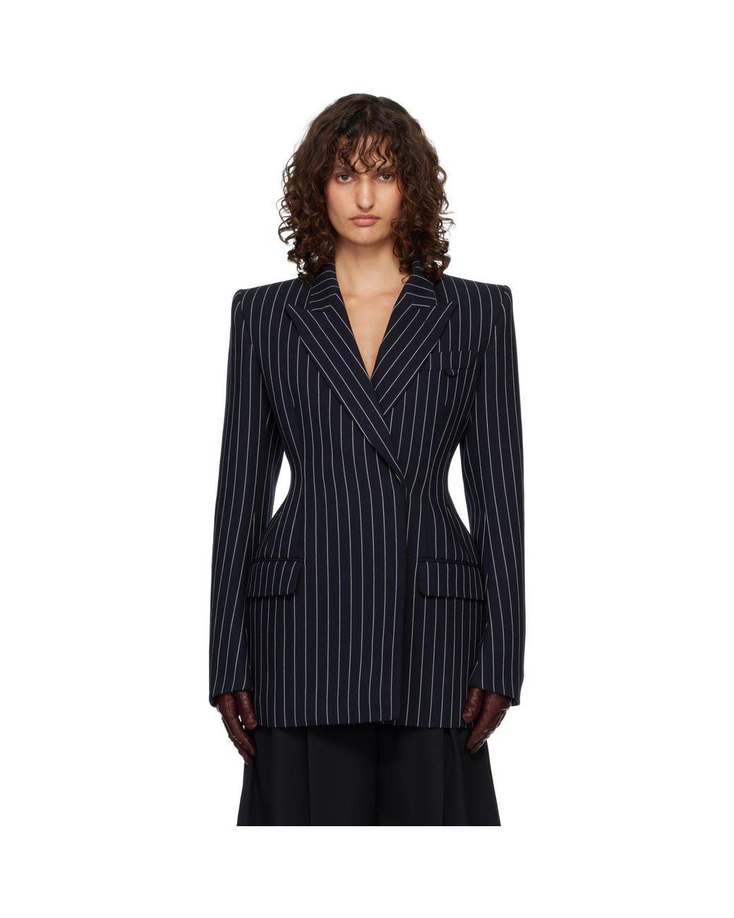 Mugler Blue Pinstripe Hourglass Blazer