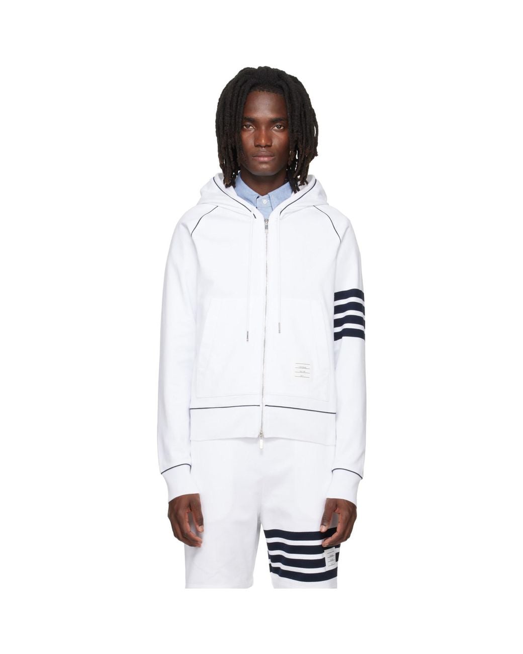 Thom Browne White Loopback 4-Bar Zip Up Hoodie for men